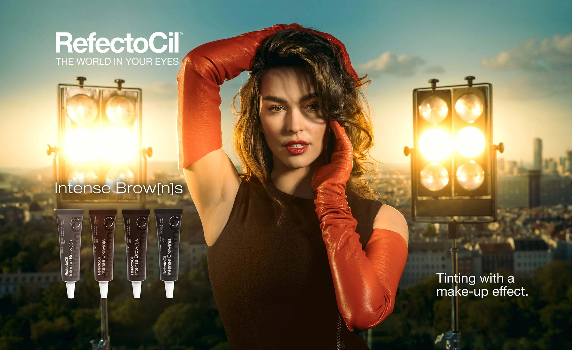 Campanie oficială RefectoCil Intense Brow[n]s cu model și cele patru nuanțe Base Gel